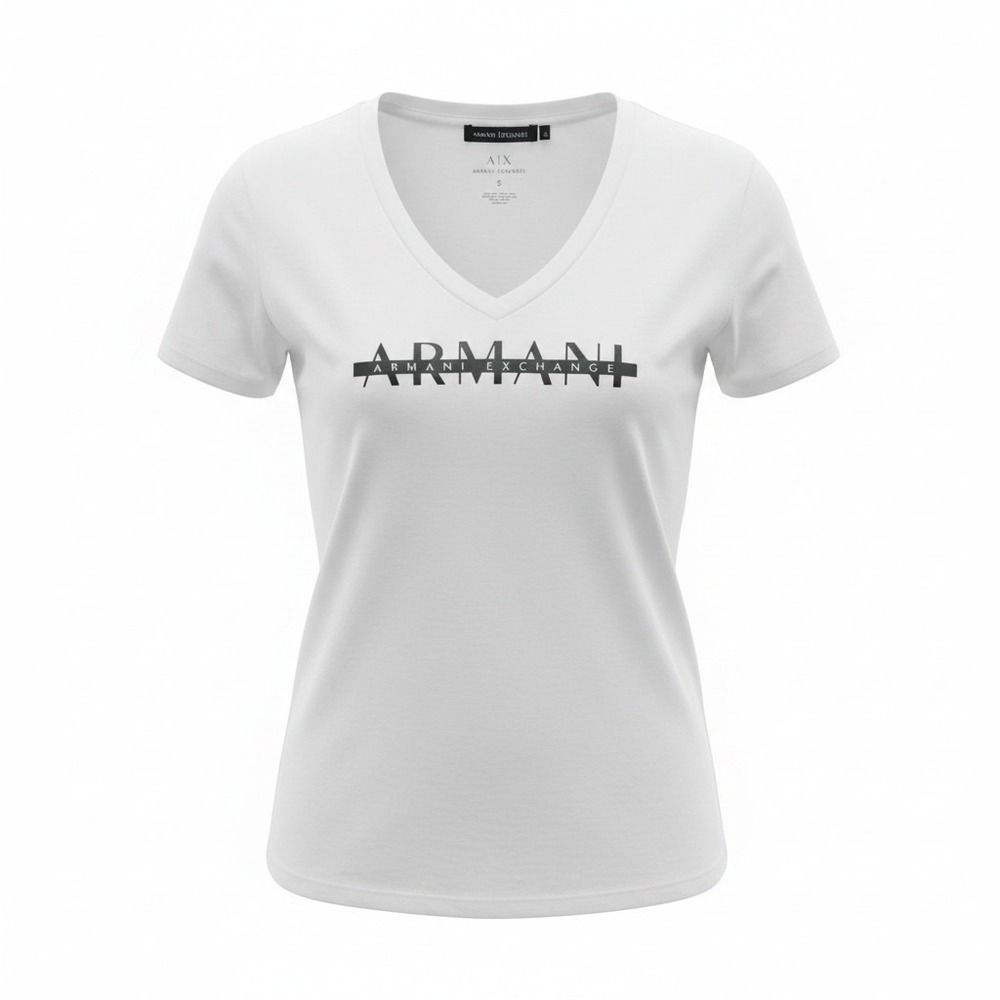 Armani‎ Exchange T-Shirt Womens Small White Excellent V-Neck Logo Graphic Tee